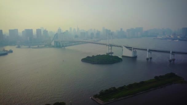 Aerial View Rainbow Bridge Day Time Water Pan Right — Stok video