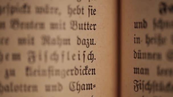 Closer Defocus View Old Fashioned German Cookbook Its Foods Descriptions — Stockvideo