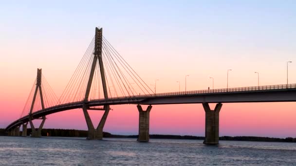 Static Shot Cable Stayed Bridge Ostrobothnia Finland Stunning Pink Sky — Vídeos de Stock