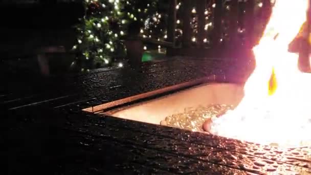 Outdoor Fire Pit Roaring Fire Rocking Chairs Fireplace Backyard Trees — Stock Video