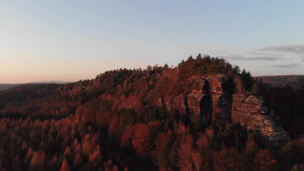 Aerial Flying Sandstone Rock Saxon Switzerland Sunset — Vídeo de stock