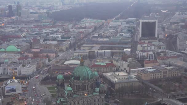 Aerial View Centre Berlin Cathedral Brandenburg Gate Cloudy Day Winter — Stockvideo