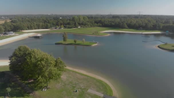 Aerial View Almost Empty Recreational Swimming Lake Netherlands Showing Islands — Stok Video