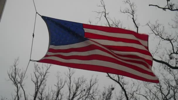 American Flag Waving Wind Cloudy Day Slow Motion — Video