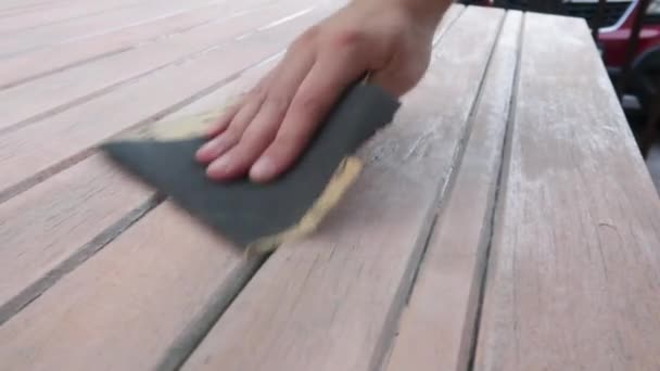 Close Footage Male Hand Using Sand Paper Sand Wooden Door — Stock video