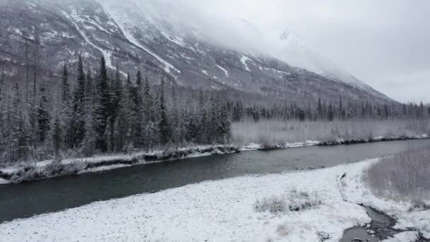 Drone Gains Altitude Alaska River — Wideo stockowe