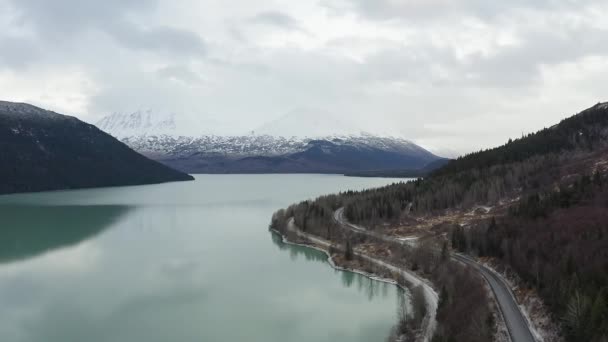 Drone Flies Next Beautiful Alaskan Lake Road — Stock Video