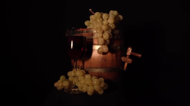 Slowly Rotating Wine Barrel Grape Glass Wine — Stock Video