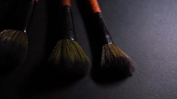 Drewniany Metalowo Brązowy Zestaw Pędzli Makijażowych Czarnym Tle Przesuwnymi Ruchami — Wideo stockowe