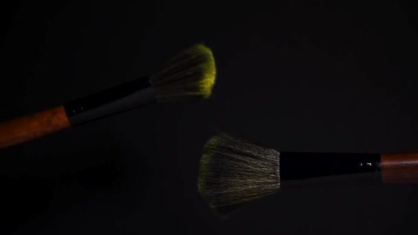 Slow Motion Two Make Brushes Yellow Powder Explosion Burst Black — Αρχείο Βίντεο