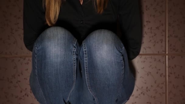 Young Woman Curls Abdominal Pain Crouched Bathroom Floor — Video Stock