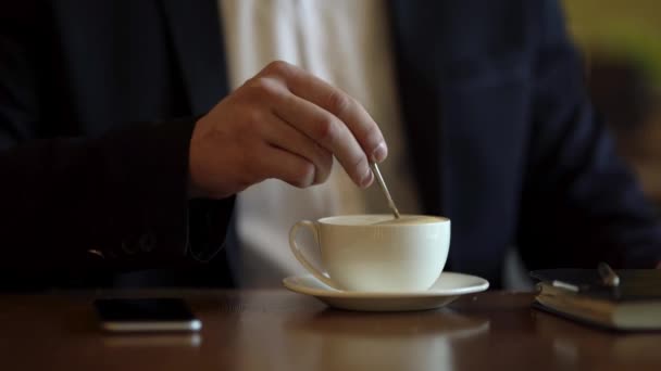 Strong Man Hands Stirring Coffee Latte Cappuccino Teaspoon Cafe Man — стоковое видео
