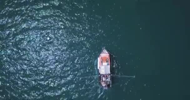 Top View Fishing Boat Sea Aerial Drone Shot — 비디오