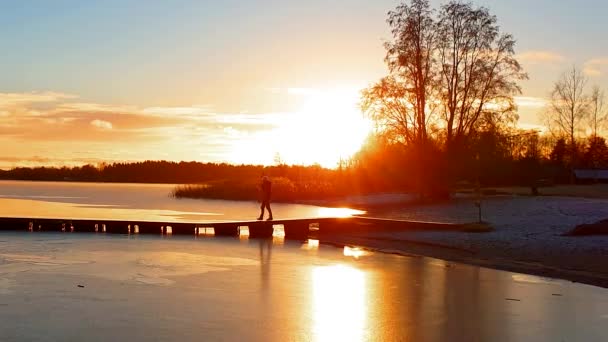 Silhuett Vuxen Man Talar Telefon Härlig Arktisk Natur Spektakulär Solnedgång — Stockvideo