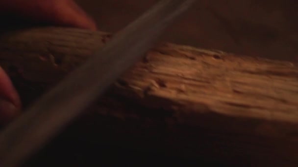 Close Country Man Hands Working Wood His Old Workroom Wooden — Video Stock