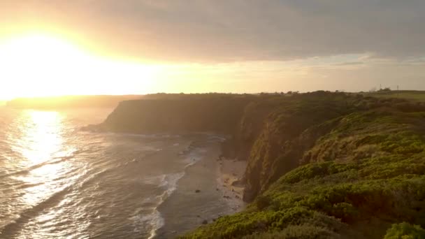 Aerial Shot Beautiful Sunset Glow Big Rugged Cliffs Bass Coast — Stock Video