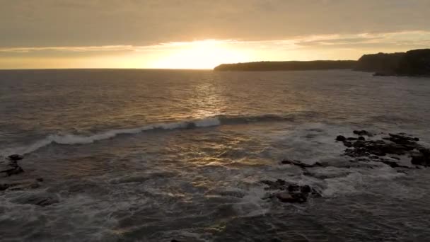Low Flying Aerial Shot Ocean Bass Coast Sunset Horizon — Stock Video
