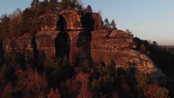 Aerial Flying Sandstone Mountain Saxon Switzerland Sunset — Vídeos de Stock