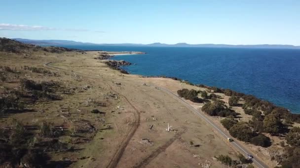 Drone Pan Car Driving Coastal Road Trees Blue Ocean Tasmania — Stock Video