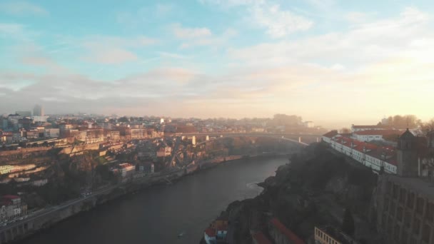 Aerial View River Douro Porto Portugal Sunset Sunrise — Vídeo de Stock