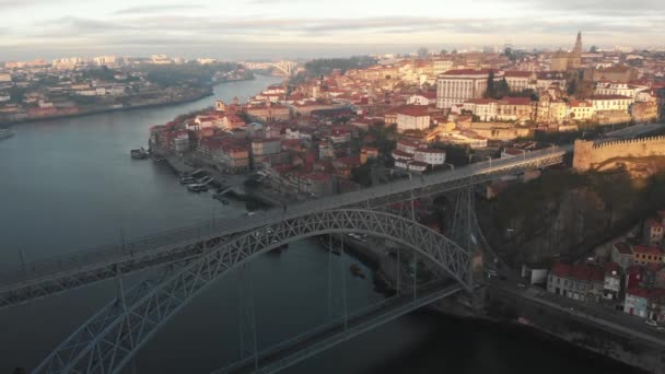 Aerial View City Porto Portugal Crossing River Douro Dom Luis — Vídeo de Stock