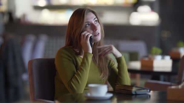 Charming Girl Sitting Cafe Indoors Talking Phone Girl Has Cup — Vídeo de Stock