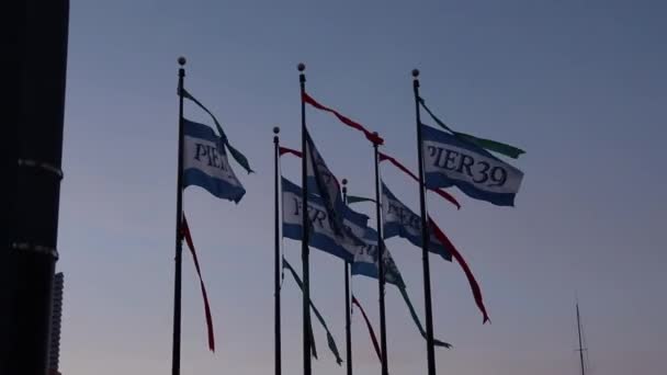 Видеозапись Флагов Пирса Размахивающих Ветру Около Золотого Часа Сан Франциско — стоковое видео