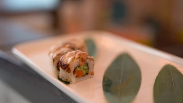 Close Shot Susi Rolls Chef Put More Sushi Plate Also — Wideo stockowe