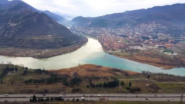 Aragvi River Mtkvari River Merging Together Mtskheta City Morning December — Stock video