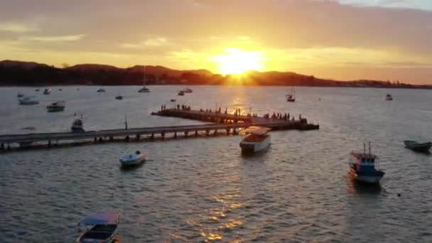 Drone Shot Buzios Bay Boats Sunset — Stockvideo