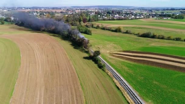 Steam Passenger Train Puffing Smoke Amish Countryside Seen Drone — Stock video