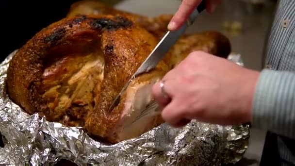 Slicing Turkey Tinfoil Knife Putting Piece Meat Aside — 비디오