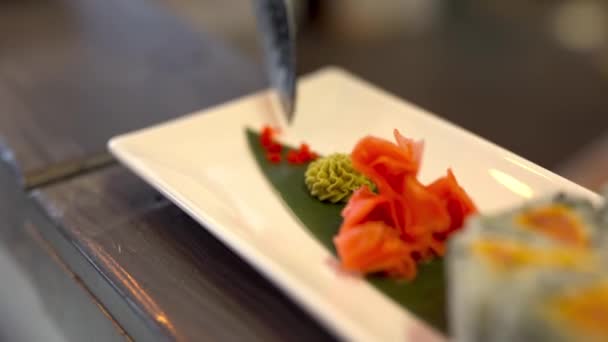 Cook Fixes Decoration Namely Red Caviar Plate Uramaki Rolls Salmon — Vídeo de Stock