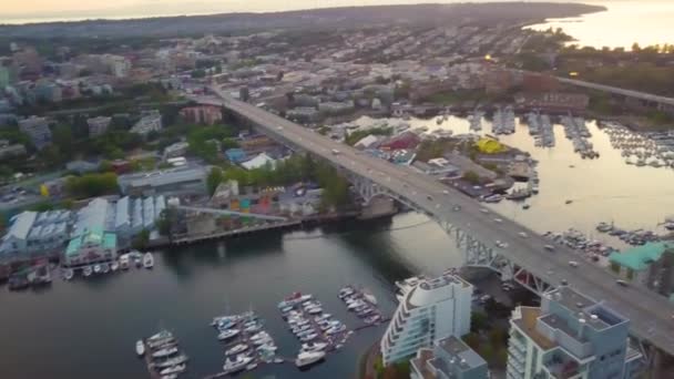 Drone Flying Vancouver Showing Sunset Sea British Columbia Aerial Footage — Video Stock