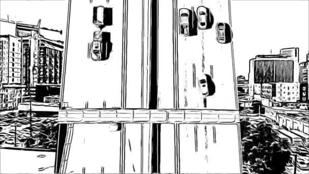 Black White Animation Shows Highway City — ストック動画