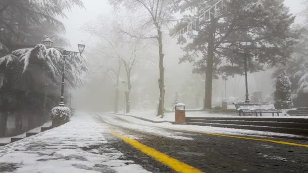 Mtatsminda Amusement Park Empty Road Snowfall Fog — Stock video