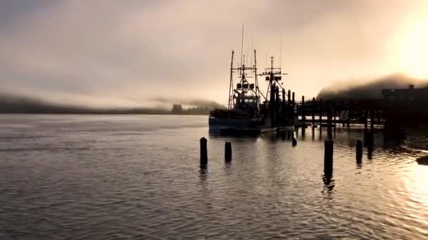 Beautiful Sunrise Umpqua River Reedsport Oregon Silhouette Fishing Boat Reflecting — Vídeos de Stock