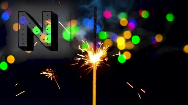New Year Text Overlay Sparklers Giving Sparks Light Colorful Bokeh — Video Stock