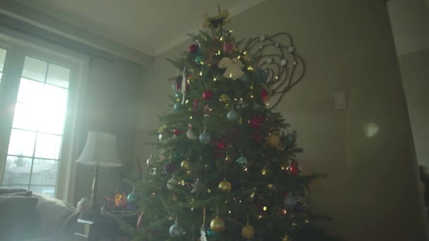 Dolly Christmas Tree Decorations Sun Pouring Window Creating Beautiful Lens — Stock Video