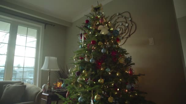 Dolly Christmas Tree Decorations Sun Pouring Window — Stock Video