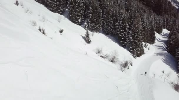 Aerial Drone Shot Snowy Landscape Pathway Skiing Area Kleinwalsertal Alps — Stockvideo
