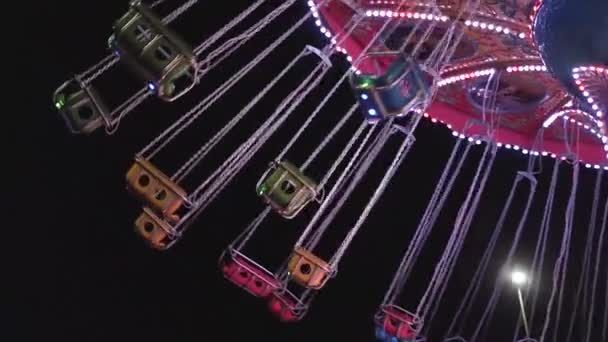 Colorful Carousel Swing Seats Night Park Slow Motion — Video