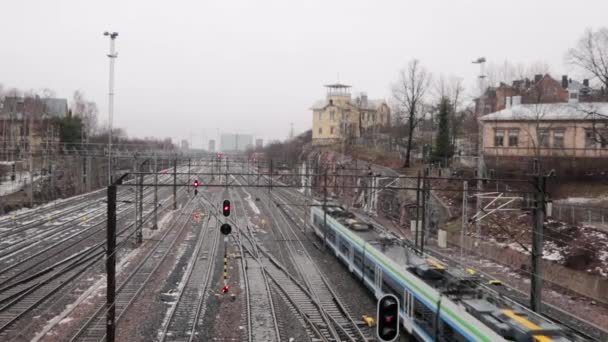Train Slowly Moving Rail Tracks Cityscape Winter — Stok video