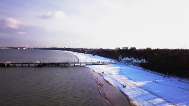 Gdansk Brzezno Pier Winter Aerial Shot Flying Low Slowly Pier — Wideo stockowe