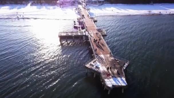 Gdansk Brzezno Pier Winter Aerial Shot Flying Side Pier Sunny — Wideo stockowe