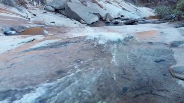 Aerial Close Waterfall Flowing Granite Rock Face — 图库视频影像