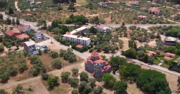 Aerial Pan Shot Show Typical Greek Church Thassos Island Greece — Vídeos de Stock