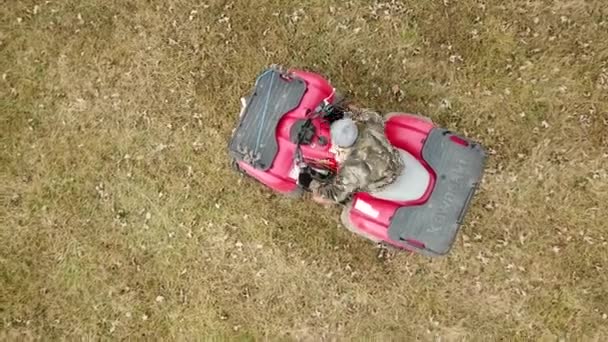 Birds Eye View Driver Starting Four Wheeler Huge Empty Field — Stock video