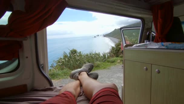 Pov Out Campervan Awesome Seascape Blonde Girl Walks Front Car — Stock video