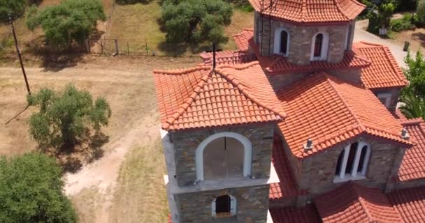 Close Shot Typical Greek Church Reveal Olive Plantations Mountains Thassos — Stockvideo